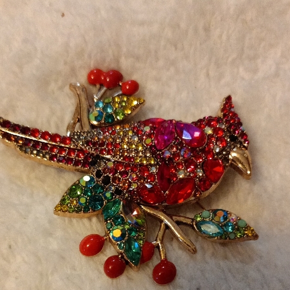 Colorful Gemstone Cardinal Bird Brooch - Picture 1 of 2